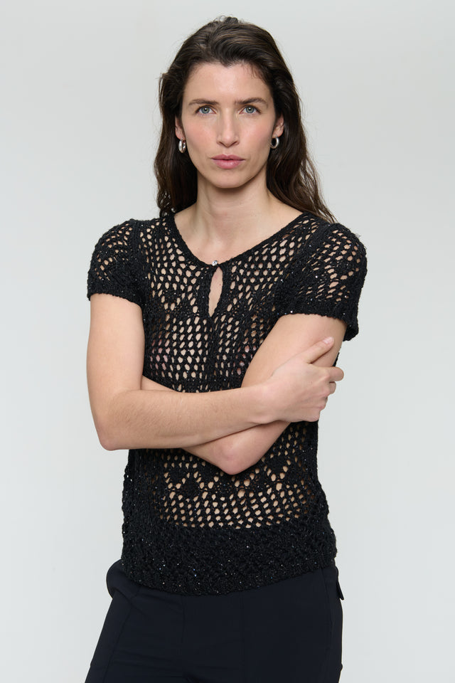 Openwork knit top with sequins 9041 | Black